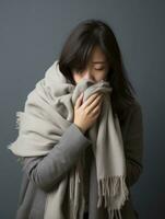 Asian woman is shown suffering from cold with runny nose on grey background AI Generative photo