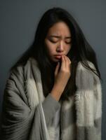 Asian woman is shown suffering from cold with runny nose on grey background AI Generative photo