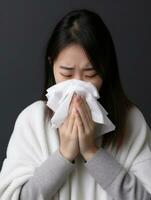 Asian woman is shown suffering from cold with runny nose on grey background AI Generative photo