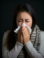 Asian woman is shown suffering from cold with runny nose on grey background AI Generative photo