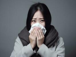 asiático mujer es mostrado sufrimiento desde frío con líquido nariz en gris antecedentes ai generativo foto