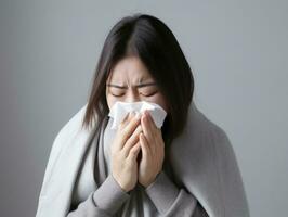 Asian woman is shown suffering from cold with runny nose on grey background AI Generative photo