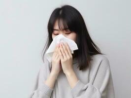 Asian woman is shown suffering from cold with runny nose on grey background AI Generative photo