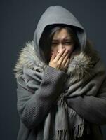 Asian woman is shown suffering from cold with runny nose on grey background AI Generative photo