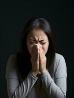 Asian woman is shown suffering from cold with runny nose on grey background AI Generative photo