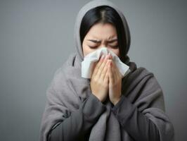 Asian woman is shown suffering from cold with runny nose on grey background AI Generative photo