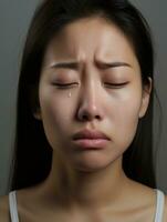 Asian woman is shown suffering from cold with runny nose on grey background AI Generative photo