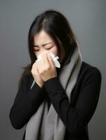 Asian woman is shown suffering from cold with runny nose on grey background AI Generative photo