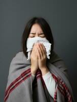 Asian woman is shown suffering from cold with runny nose on grey background AI Generative photo