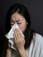 Asian woman is shown suffering from cold with runny nose on grey background AI Generative photo