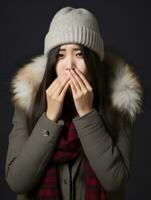 Asian woman is shown suffering from cold with runny nose on grey background AI Generative photo