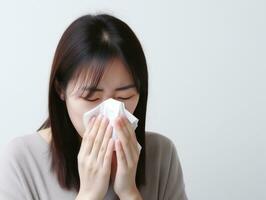 Asian woman is shown suffering from cold with runny nose on grey background AI Generative photo