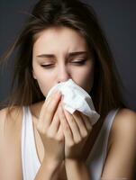 Asian woman is shown suffering from cold with runny nose on grey background AI Generative photo