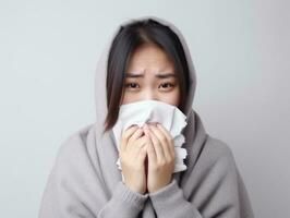 Asian woman is shown suffering from cold with runny nose on grey background AI Generative photo