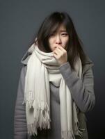 asiático mujer es mostrado sufrimiento desde frío con líquido nariz en gris antecedentes ai generativo foto