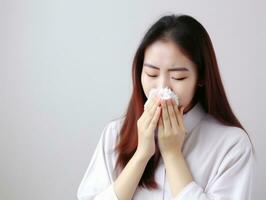 Asian woman is shown suffering from cold with runny nose on grey background AI Generative photo