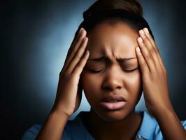 negro mujer aparece a ser en dolor desde dolor de cabeza ai generativo foto