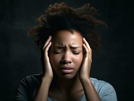negro mujer aparece a ser en dolor desde dolor de cabeza ai generativo foto