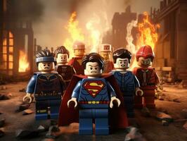 Lego heroes teaming up to save the world AI Generative photo