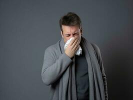 Man is shown suffering from cold with runny nose on grey background AI Generative photo