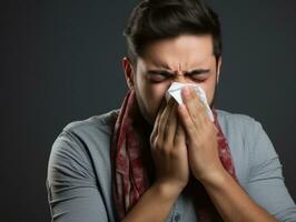 Man is shown suffering from cold with runny nose on grey background AI Generative photo