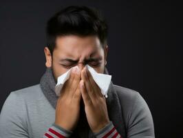 Man is shown suffering from cold with runny nose on grey background AI Generative photo