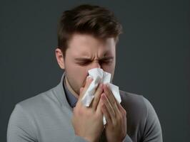 Man is shown suffering from cold with runny nose on grey background AI Generative photo