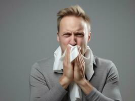 Man is shown suffering from cold with runny nose on grey background AI Generative photo