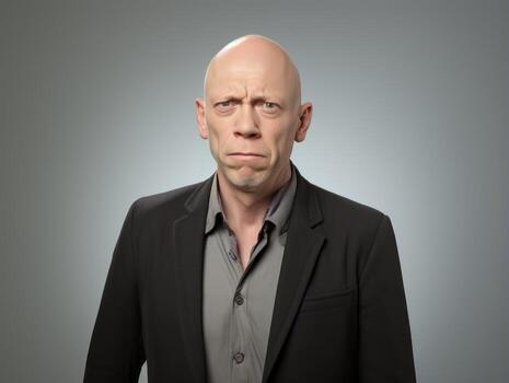 hombre es mostrado sufrimiento desde frío con líquido nariz en gris antecedentes ai generativo foto