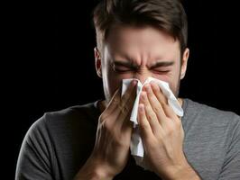 Man is shown suffering from cold with runny nose on grey background AI Generative photo