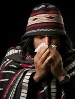 mexicano hombre es mostrado sufrimiento desde frío con líquido nariz en gris antecedentes ai generativo foto