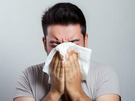 Mexican man is shown suffering from cold with runny nose on grey background AI Generative photo