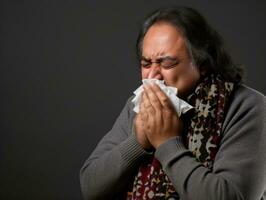 Mexican man is shown suffering from cold with runny nose on grey background AI Generative photo