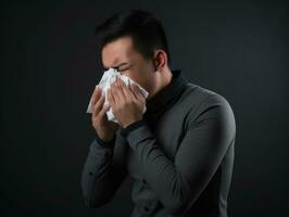 Mexican man is shown suffering from cold with runny nose on grey background AI Generative photo