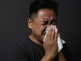 Mexican man is shown suffering from cold with runny nose on grey background AI Generative photo