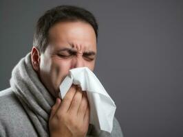 Mexican man is shown suffering from cold with runny nose on grey background AI Generative photo