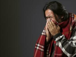 Mexican man is shown suffering from cold with runny nose on grey background AI Generative photo