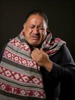 Mexican man is shown suffering from cold with runny nose on grey background AI Generative photo