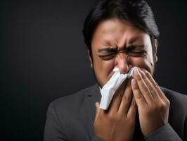 Mexican man is shown suffering from cold with runny nose on grey background AI Generative photo