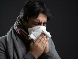 Mexican man is shown suffering from cold with runny nose on grey background AI Generative photo