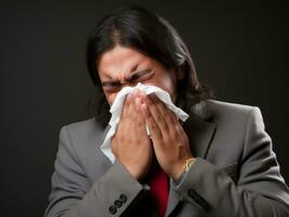 Mexican man is shown suffering from cold with runny nose on grey background AI Generative photo