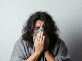 Mexican man is shown suffering from cold with runny nose on grey background AI Generative photo