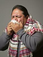 Mexican man is shown suffering from cold with runny nose on grey background AI Generative photo