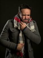 Mexican man is shown suffering from cold with runny nose on grey background AI Generative photo