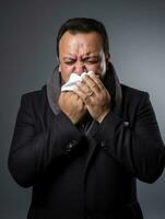 Mexican man is shown suffering from cold with runny nose on grey background AI Generative photo