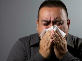 Mexican man is shown suffering from cold with runny nose on grey background AI Generative photo