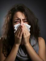 Mexican woman is shown suffering from cold with runny nose on grey background AI Generative photo