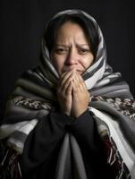 Mexican woman is shown suffering from cold with runny nose on grey background AI Generative photo