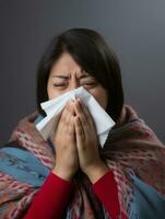 Mexican woman is shown suffering from cold with runny nose on grey background AI Generative photo