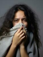 Mexican woman is shown suffering from cold with runny nose on grey background AI Generative photo